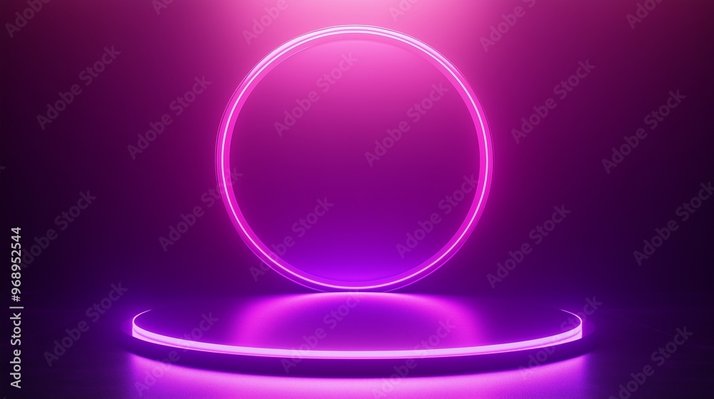 Obraz premium Circle pink neon light technology podium stage presentation in room modern technology