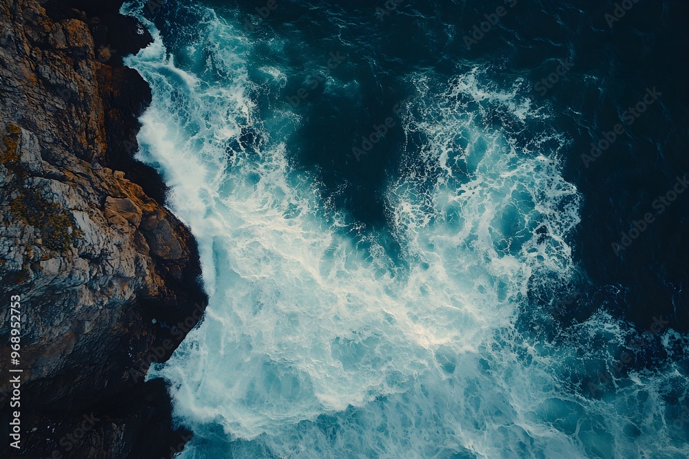 Obraz premium Rough waves crash against the rocks on the shore, creating foam and spray.