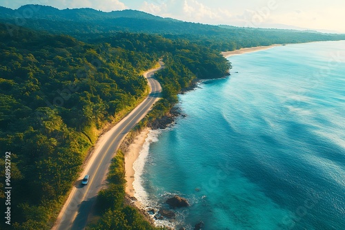 Wallpaper Mural Aerial shot of a road along the coast, cars passing along the road, and lush groves of trees on the ground. Torontodigital.ca