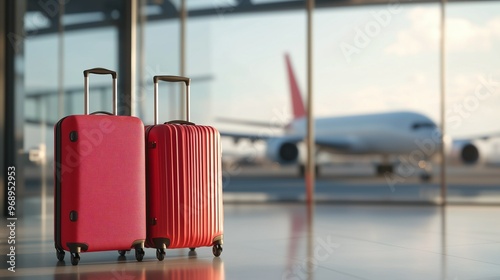 Suitcases at the airport against a window with an airplane in the background. Background with copy space. Travel and air travel