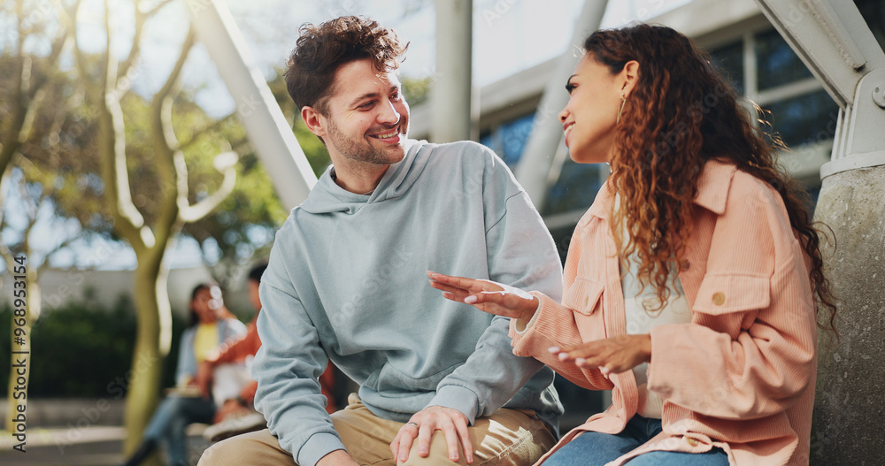 © PeakPoints/peopleimages.com - Relax, college or students on break talking or speaking of scholarship, education or future plan on campus. Learning, school or happy friends speaking in university bonding in fun social conversation