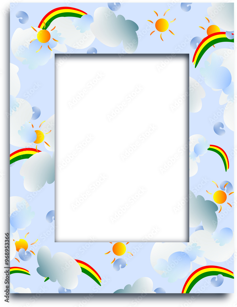 Obraz premium Photo frame with sun, rainbow and clouds border background