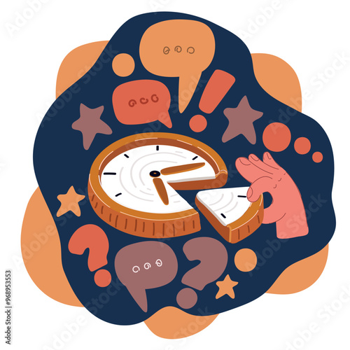 Cartoon Vector Illustration of a Hand Holding a Clock Fragment, Representing the Concept of Time over dark background