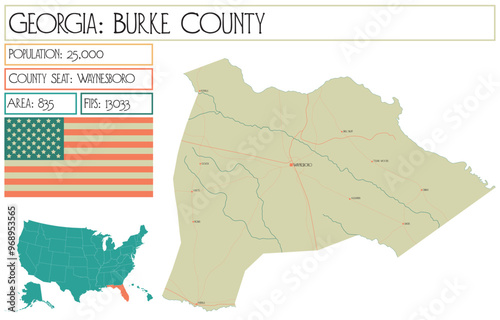 Large and detailed map of Burke County in Georgia USA.