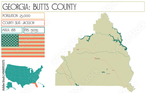 Large and detailed map of Butts County in Georgia USA.