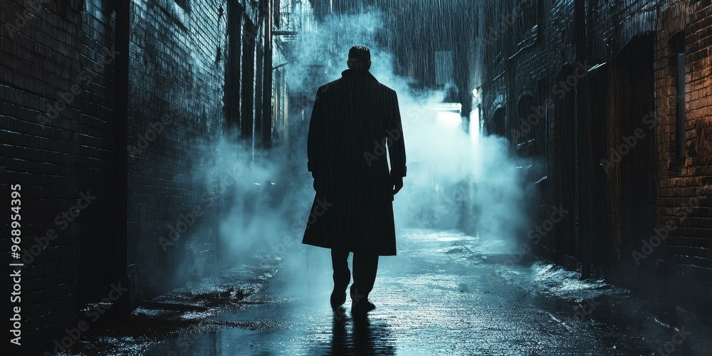 Silhouette of man walking down a misty alley. Silhouette of man walking down a misty alley.