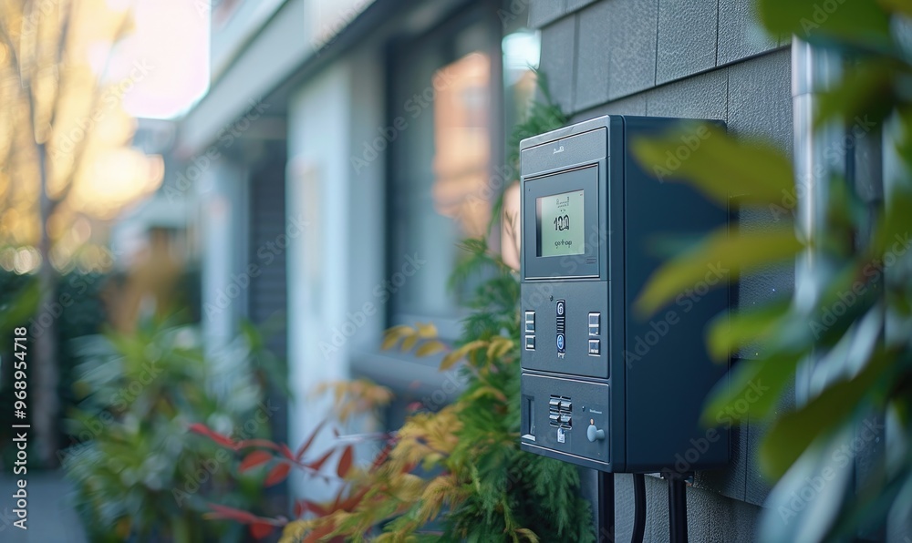 Naklejka premium Close up view of an outdoor electrical panel mounted on a house wall with foliage in the foreground on a sunny day.