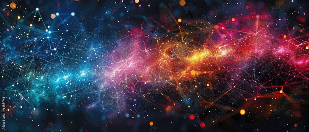 Obraz premium Colorful abstract cosmic background with interconnected particles and light, representing a complex network of galaxies and stars.