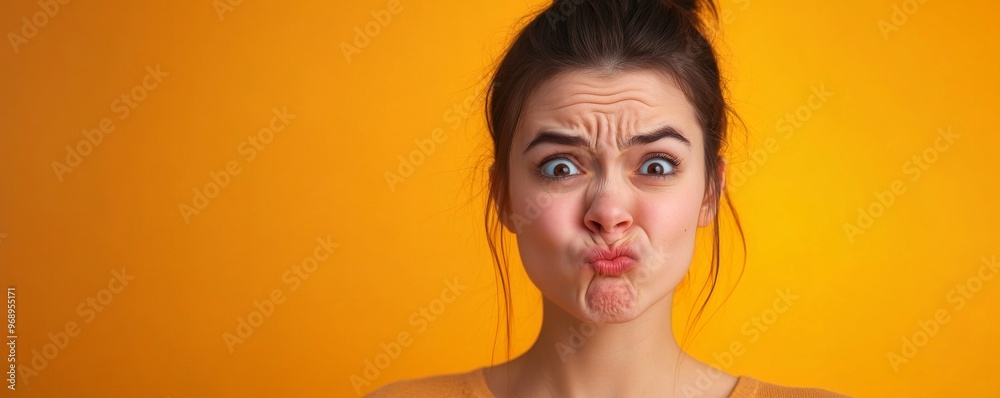Woman making a funny face against orange
