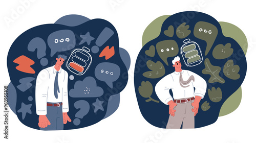 Cartoon Vector Illustration of an Exhausted Worker and a Vibrant Individual with Full and Empty Battery Icons over dark background