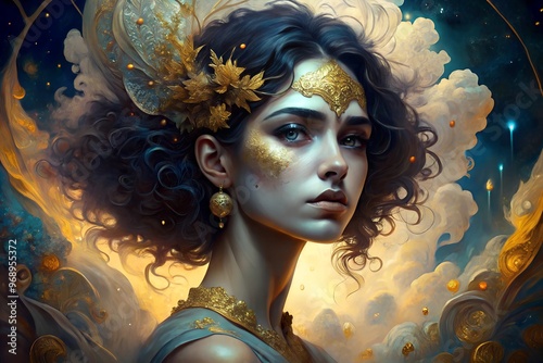 A young woman with curly dark hair adorned with gold leaf and jewelry looks wistfully off-camera photo