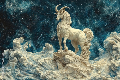 Mythical golden goat like creature standing atop swirling clouds in a fantasy landscape photo