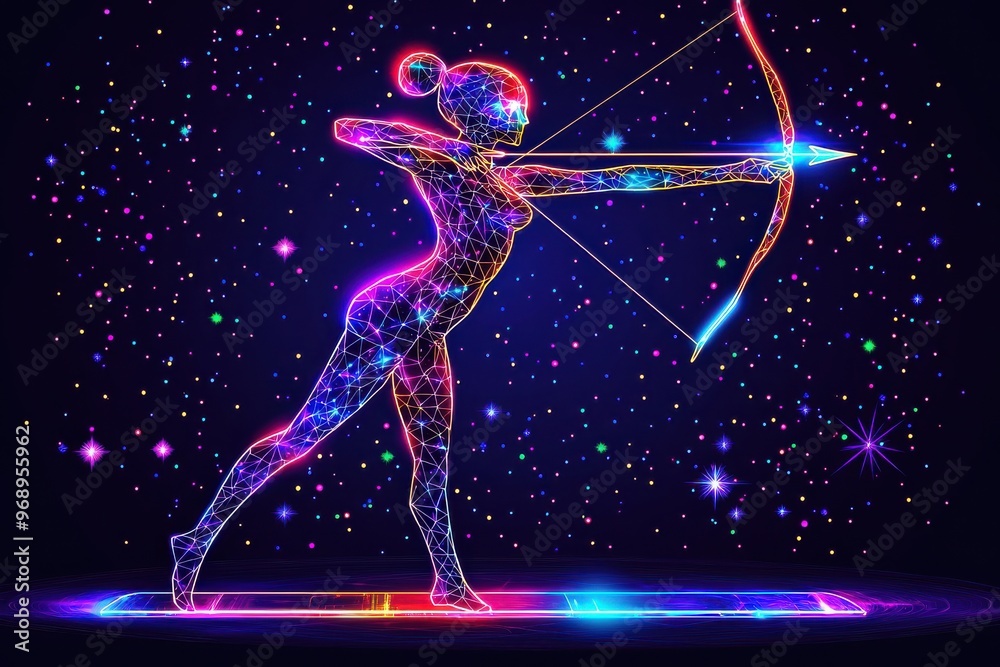 Neon silhouette of archer with bow and arrow against starry night sky background Neon silhouette of archer with bow and arrow against starry night sky background