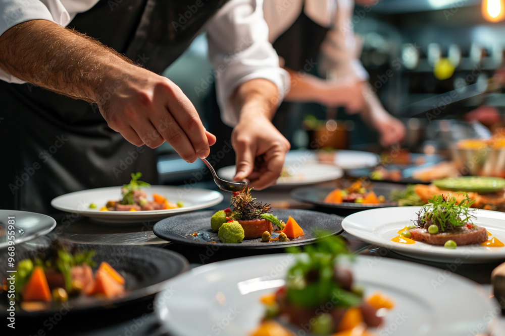 Chef Plating Gourmet Dish in Luxury Restaurant Kitchen Chef Plating Gourmet Dish in Luxury Restaurant Kitchen