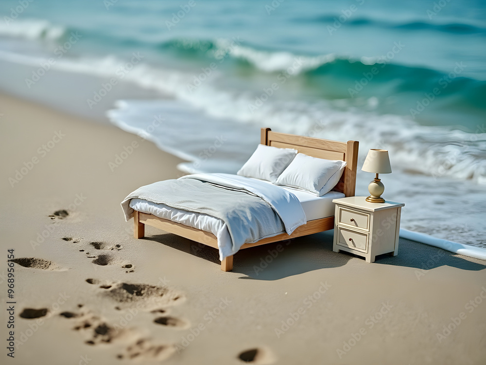 relax on the beach bedroom set bed table lamp along the ocean surf right next to the waves 3d ai art