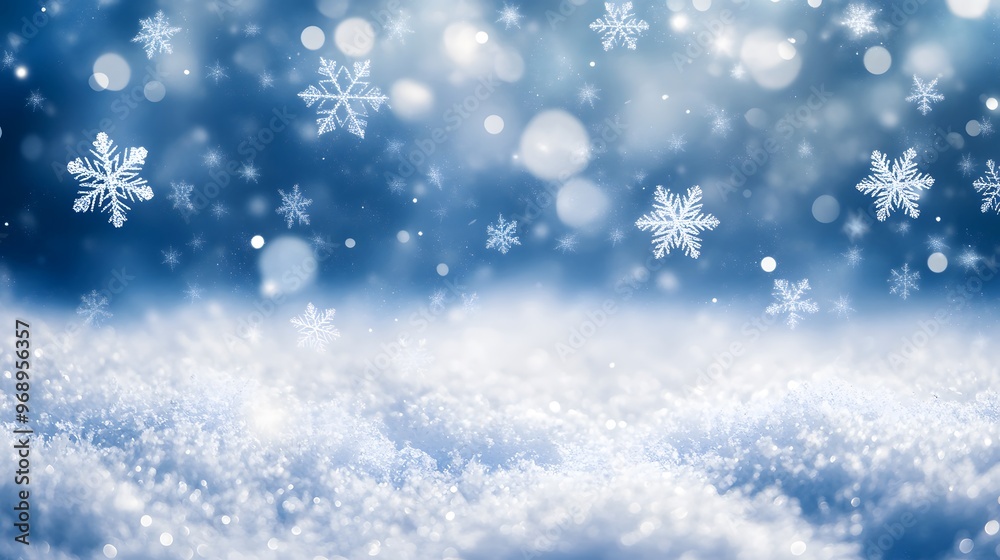 Delicate white snowflakes gently fall against a soft, blurred blue background, creating a serene winter scene. The snow-covered landscape adds a peaceful, seasonal ambiance. Delicate white snowflakes gently fall against a soft, blurred blue background, creating a serene winter scene. The snow-covered landscape adds a peaceful, seasonal ambiance.