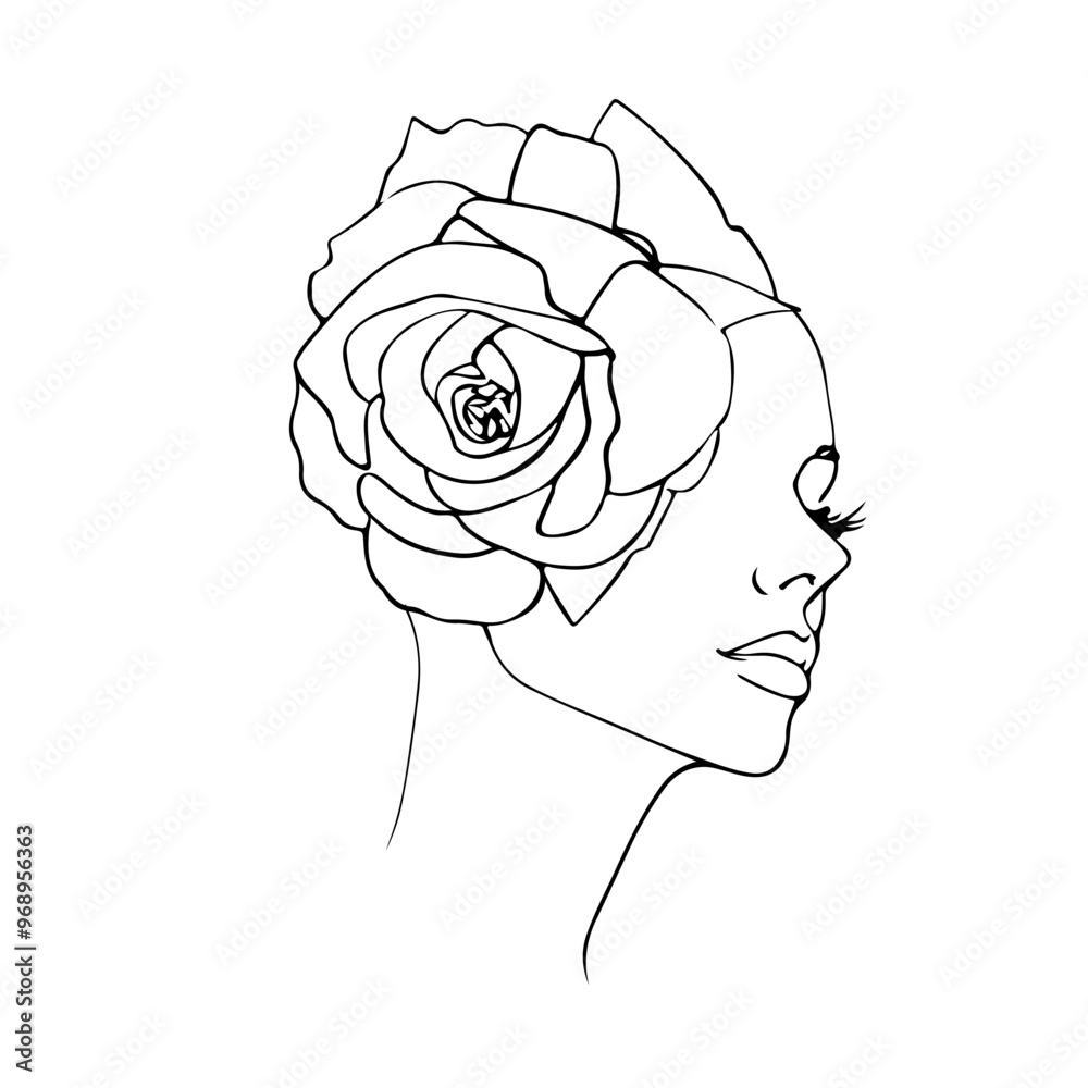 Female Face with Flower Rose Line Art Vector Drawing. Linear Drawing of ...