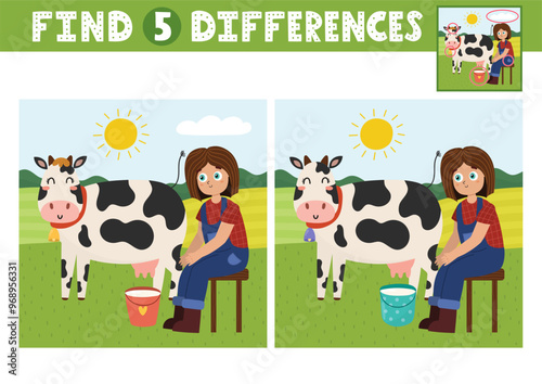 Find differences activity page for kids with cute girl and cow. Farm game for developing attention and concentration skills for school and preschool. Vector illustration