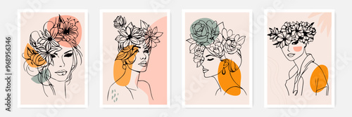 Linear Art Drawing of Female Elegant Silhouette Wall Art Set. Boho Cards with Woman and Flowers for Wall Décor, Bedroom Wall Art, Posters, Prints. Floral Female Face Linear Style Hand Drawn Vector Art