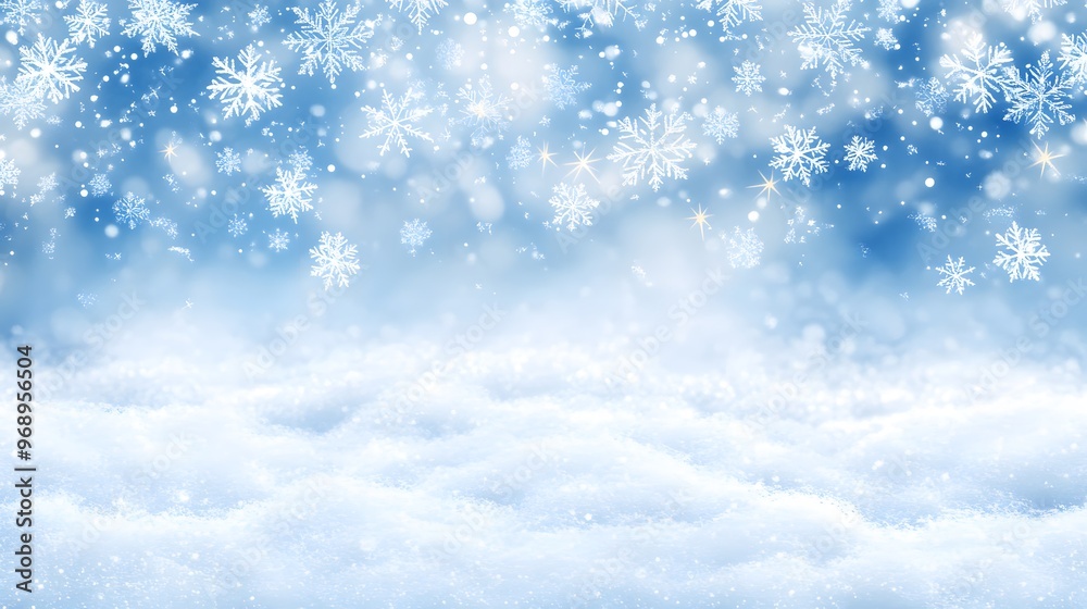 Delicate white snowflakes gently fall against a soft, blurred blue background, creating a serene winter scene. The snow-covered landscape adds a peaceful, seasonal ambiance. Delicate white snowflakes gently fall against a soft, blurred blue background, creating a serene winter scene. The snow-covered landscape adds a peaceful, seasonal ambiance.
