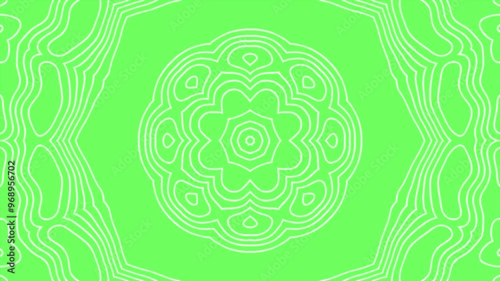 A mesmerizing animated kaleidoscope pattern with white lines on a vibrant green background. Perfect for adding a touch of abstract and organic beauty to your projects. A mesmerizing animated kaleidoscope pattern with white lines on a vibrant green background. Perfect for adding a touch of abstract and organic beauty to your projects.