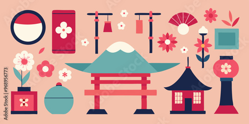 Traditional japanese decorations and icons for cultural and festive design