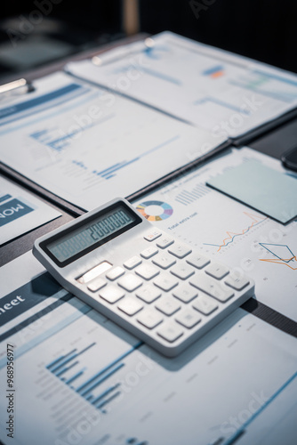 An empty office desk at night with a laptop displaying a business chart, balance sheet, loan calculator, graphs, and monthly budget stats. Blue and black tones, leather office chair.