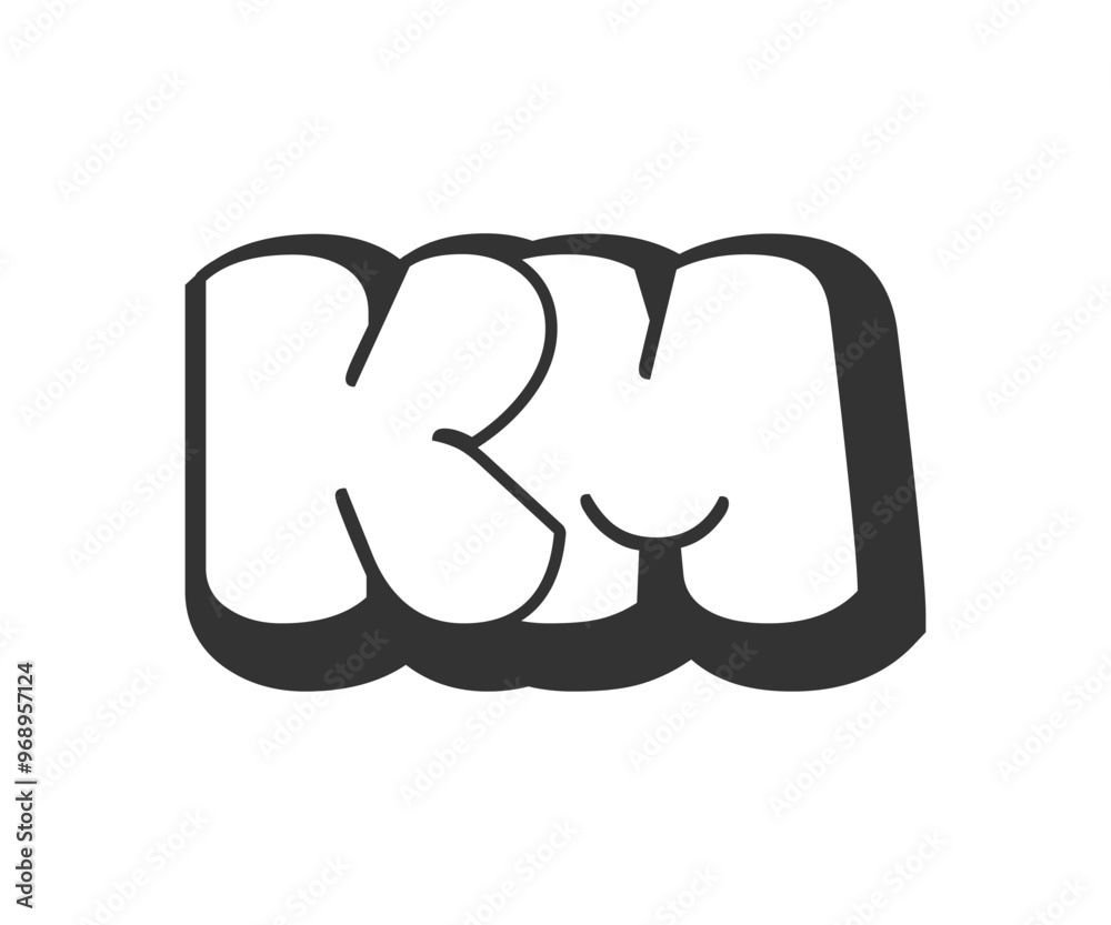 KM logo, bubble comic lettering, rounded in graffiti style black and white silhouette. Trendy preschool K and M letter text for festival party, personal initials, children funky print and web.