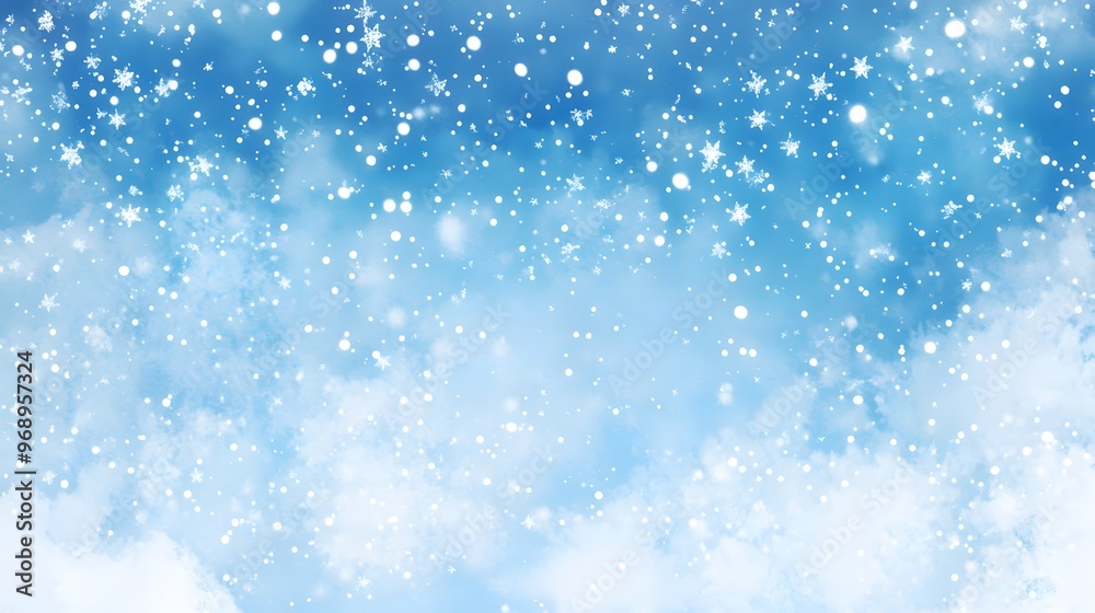 Delicate white snowflakes gently fall against a soft, blurred blue background, creating a serene winter scene. The snow-covered landscape adds a peaceful, seasonal ambiance. Delicate white snowflakes gently fall against a soft, blurred blue background, creating a serene winter scene. The snow-covered landscape adds a peaceful, seasonal ambiance.
