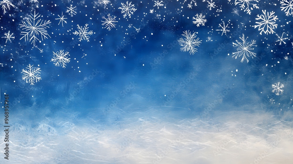 Naklejka premium Delicate white snowflakes gently fall against a soft, blurred blue background, creating a serene winter scene. The snow-covered landscape adds a peaceful, seasonal ambiance.