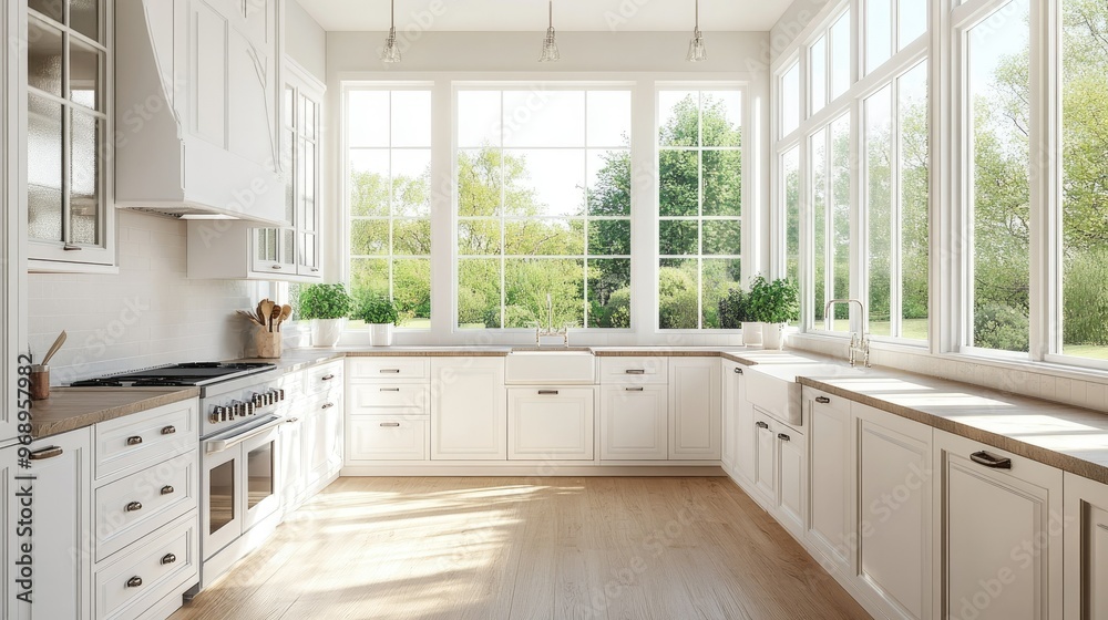Bright, airy kitchen interior with large windows, sleek white cabinets, and polished wooden floors, blending modern design with a warm, open feel Bright, airy kitchen interior with large windows, sleek white cabinets, and polished wooden floors, blending modern design with a warm, open feel
