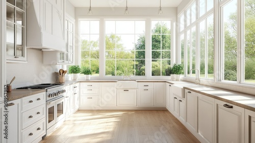 Bright, airy kitchen interior with large windows, sleek white cabinets, and polished wooden floors, blending modern design with a warm, open feel