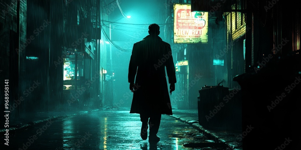 Silhouette of a man walking in a rainy alleyway. Silhouette of a man walking in a rainy alleyway.