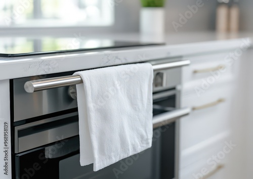Clean kitchen with a towel hanging from modern oven, showcasing a bright and functional cooking space photo