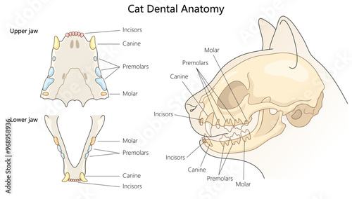 cat dental anatomy, showing labeled incisors, canines, premolars, and molars in both upper and lower jaws hand drawn schematic vector illustration. Medical science educational illustration