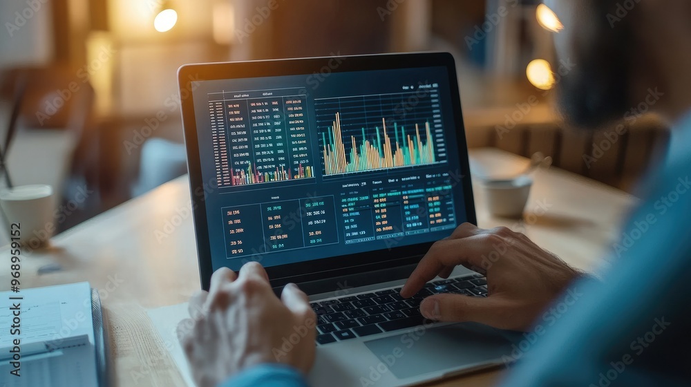 Business analyst deeply focused on a laptop screen displaying multiple data charts and growth statistics in a bright corporate setting. Business analyst deeply focused on a laptop screen displaying multiple data charts and growth statistics in a bright corporate setting.