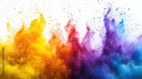 Wallpaper Mural Bursting Holi powder in vivid colors, including yellow, purple, orange, and blue, against a white background, showcasing cultural vibrancy. Torontodigital.ca
