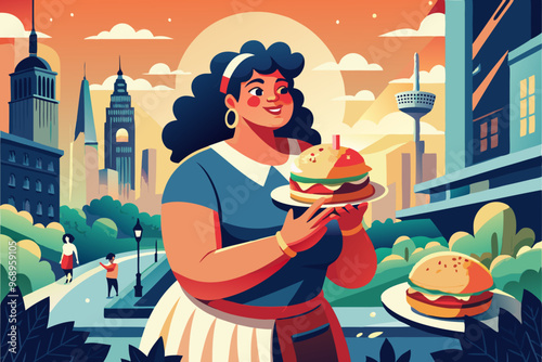 Happy woman enjoying a burger in a vibrant urban park setting at sunset