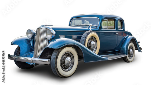 A classic luxury car in a rich blue color with flowing fenders and a large chrome grille. The vehicle features whitewall tires, a side-mounted spare tire, and detailed chrome accents throughout