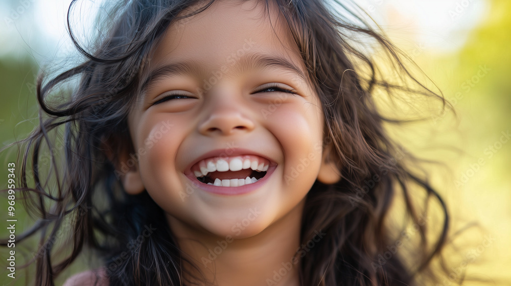 A smiling child with long dark hair is laughing joyfully outdoors. Her face glows with genuine happiness and carefree innocence A smiling child with long dark hair is laughing joyfully outdoors. Her face glows with genuine happiness and carefree innocence