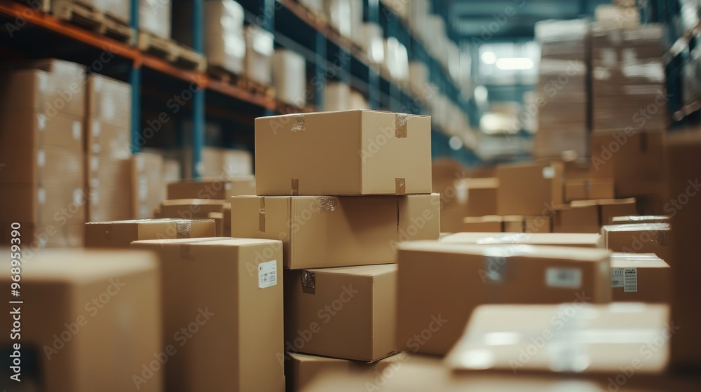 Busy distribution warehouse with stacked cardboard boxes ready for shipment, highlighting efficiency and order Busy distribution warehouse with stacked cardboard boxes ready for shipment, highlighting efficiency and order