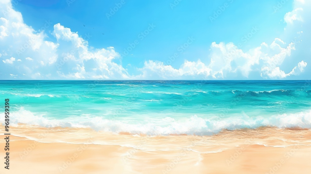 Calm and inviting tropical beach scene with sandy shores and a blurred blue sea under a bright summer sky. Calm and inviting tropical beach scene with sandy shores and a blurred blue sea under a bright summer sky.