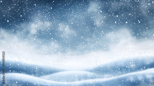 Delicate white snowflakes gently fall against a soft, blurred blue background, creating a serene winter scene. The snow-covered landscape adds a peaceful, seasonal ambiance.