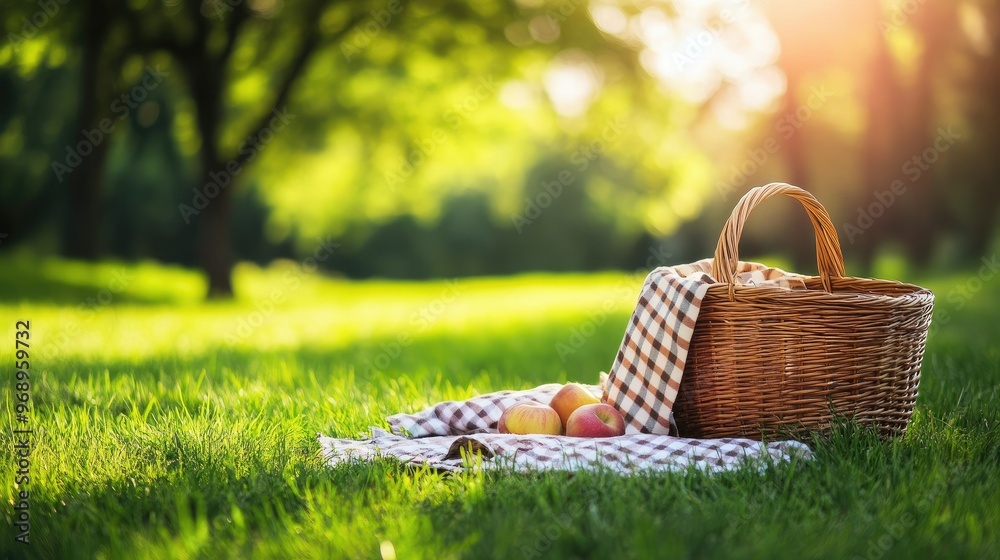 Classic picnic basket and a tablecloth spread out on lush green grass, ready for a relaxing day in nature Classic picnic basket and a tablecloth spread out on lush green grass, ready for a relaxing day in nature