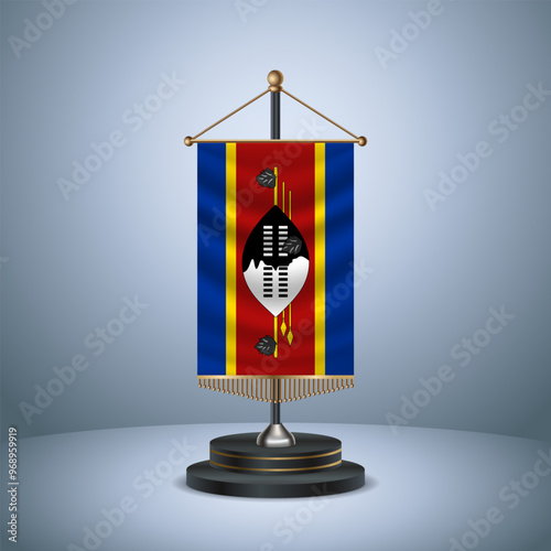 Swaziland Vertical table flag with golden pole on dark gradient background, Template banner vector Illustration