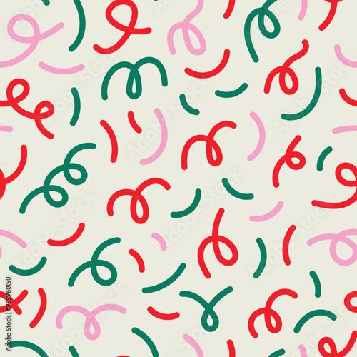Christmas Confetti Seamless Pattern. Modern playful colorful celebratory background with squiggles scribbles doodle line swirl curl wave elements