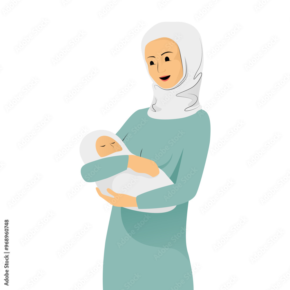 Muslim mother in blue hijab holding newborn baby Muslim mother in blue hijab holding newborn baby