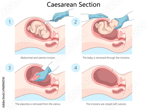 caesarean section procedure showing steps. incision, baby removal, placenta removal, suturing of incisions diagram hand drawn schematic vector illustration. Medical science educational illustration