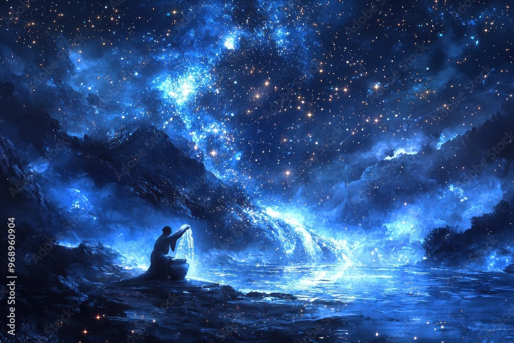 Serene night sky with glowing stars and mountains, silhouetted figure gazing at cosmic landscape