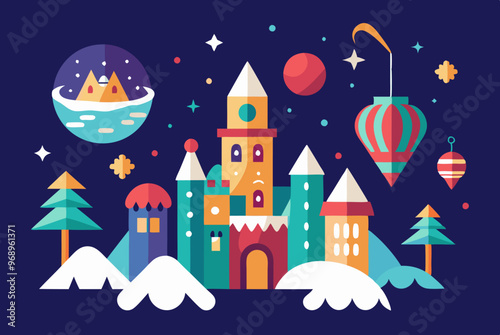 Whimsical christmas adventure scene with festive castle and ornaments